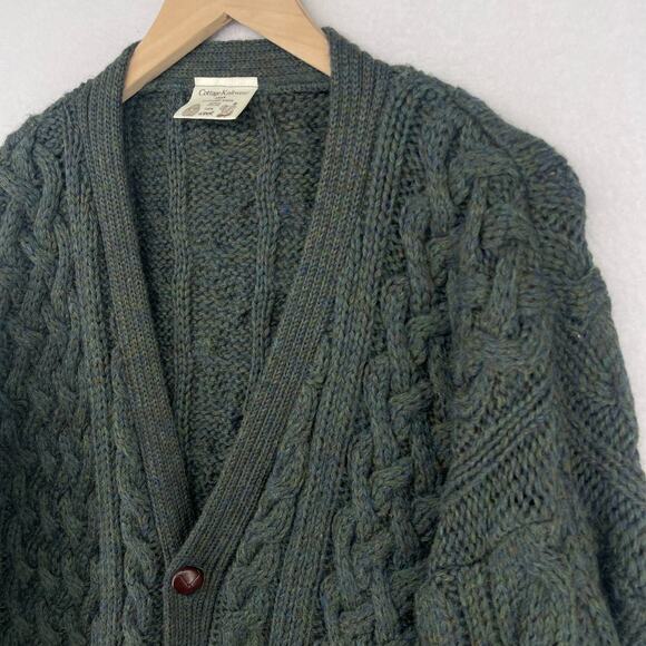 COTTAGE KNITWEAR Sweater Mens L Wool Aran Cable Button Up Cardigan Green - Picture 6 of 14